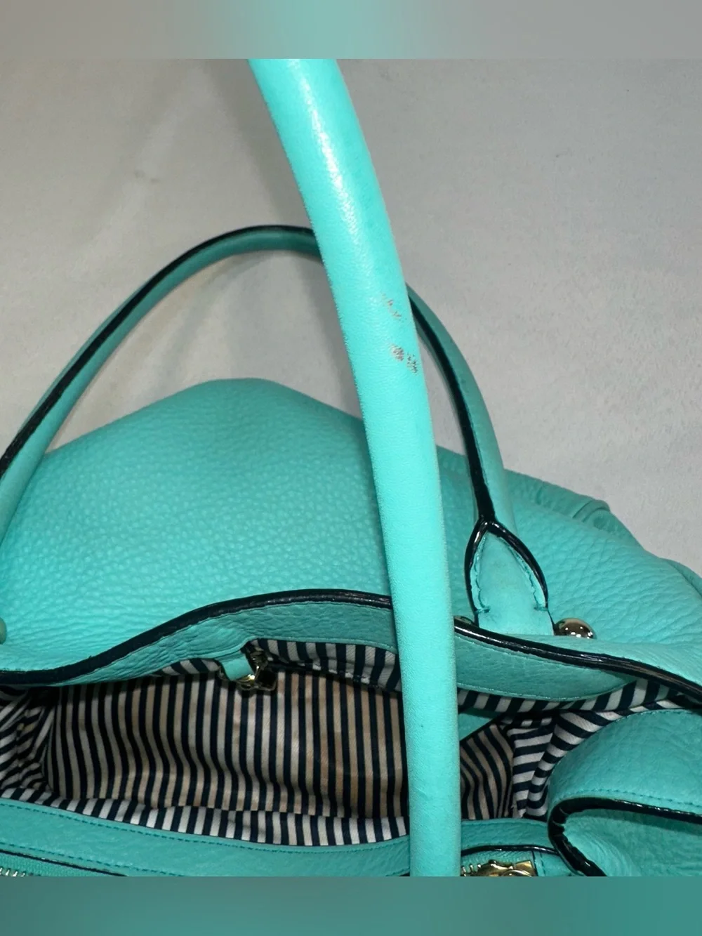 KATE SPADE Turquoise Satchel Purse Handbag Striped Interior Roomy